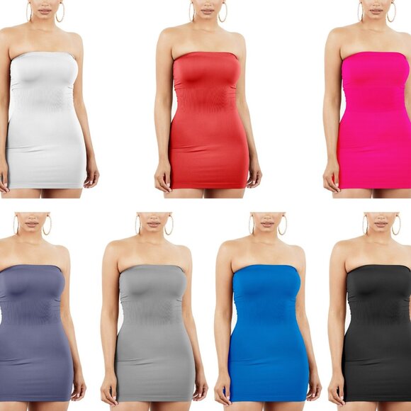Women's Strapless Stretchy Comfy Tight Fit Seamless Body Con Mini Tube Top Dress - Picture 7 of 16
